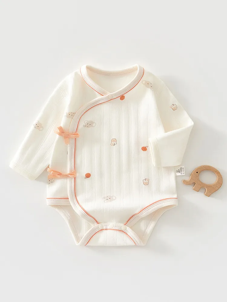 Newborn Baby Bodysuit Romper 100 Percent Cotton Long Sleeve Side Tie Kimono Style Breathable Bone-Free Infant Clothes