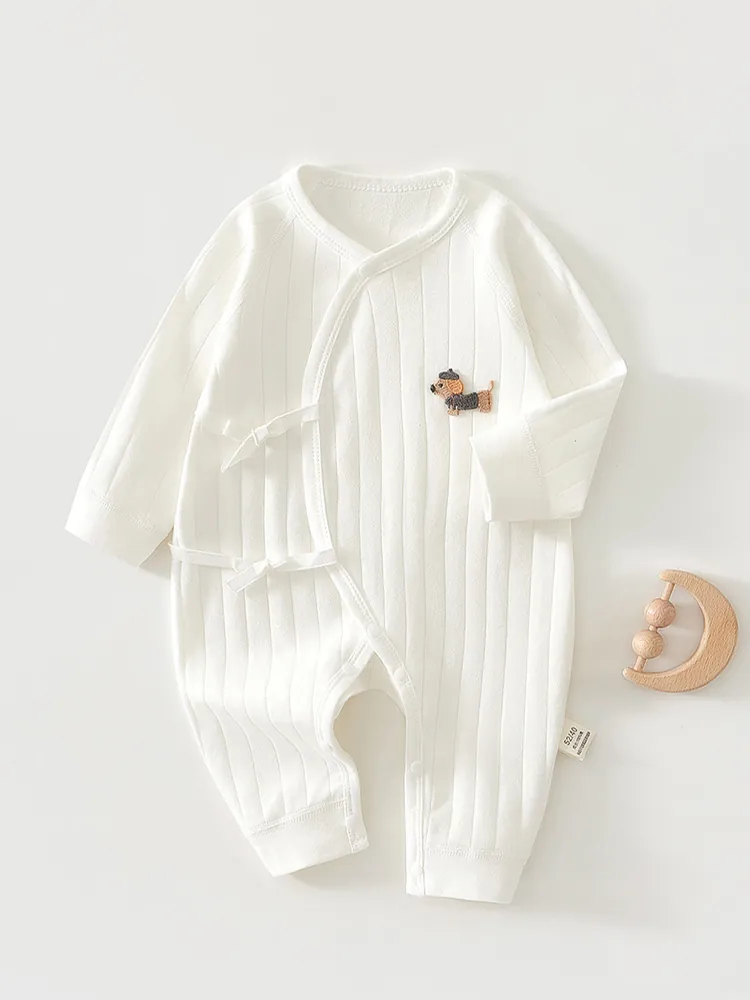 Newborn Baby Bodysuit 100% Cotton Ribbed Romper With Dachshund Embroidery Side Opening Tie Long Sleeve Infant Clothes