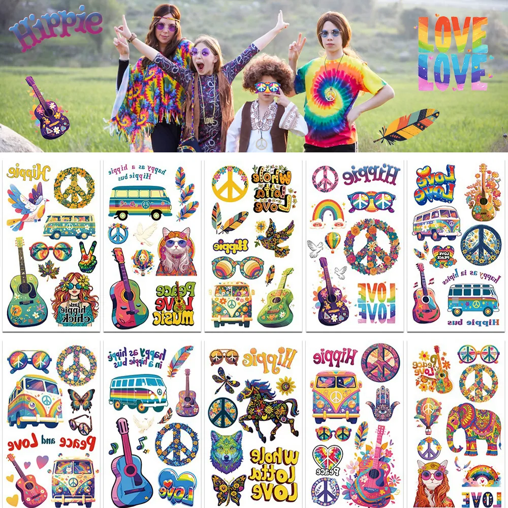 Hippie Temporary Tattoo Stickers Waterproof Peace Love Tie Dye Floral Bus Rainbow Body Art Tattoo For Party Festival Decoration Stickers