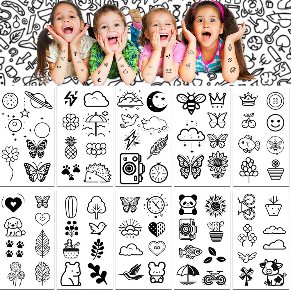 Waterproof Cartoon Temporary Tattoo Stickers For Kids Minimalist Line Art Animals Plants Body Art Decals For Party