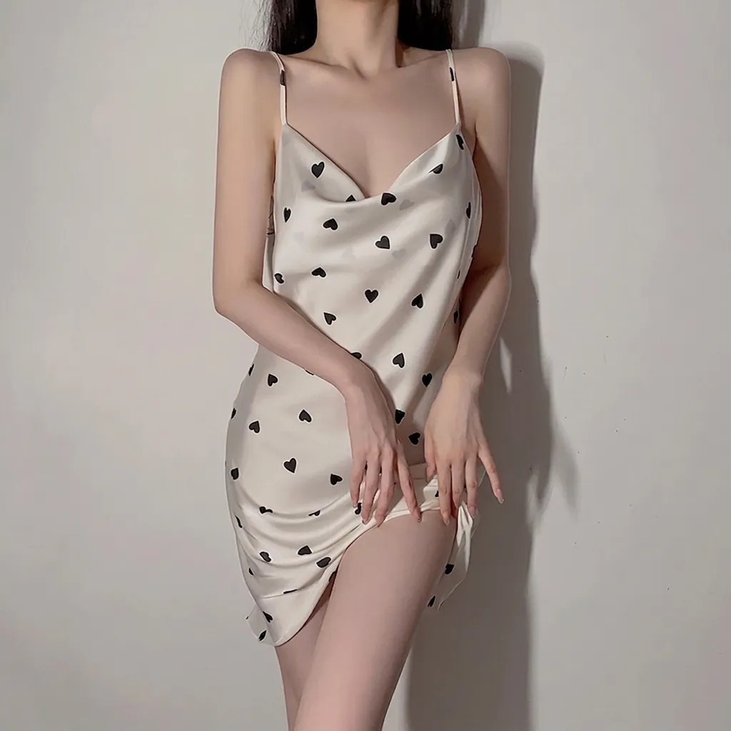 Women Sexy Polyester Satin Spaghetti Strap Nightdress Cowl Neck Sleeveless Sleepwear Floral Leopard Heart Print Home Wear