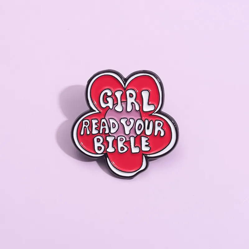 Creative Red Flower Enamel Pin Girl Read Your Bible Quote Alloy Brooch For Women Denim Jacket Backpack Badge Accessory