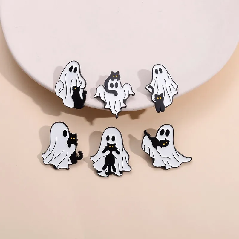 Halloween Ghost And Black Cat Brooch Pins Zinc Alloy Enamel Cartoon Cute Badges For Clothes Backpack Decor Accessory