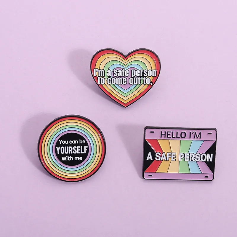 Rainbow Enamel Brooch LGBTQ Ally Badge Safe Person Lapel Pin Support Jewelry Heart Round Rectangle Support Pins For Clothing