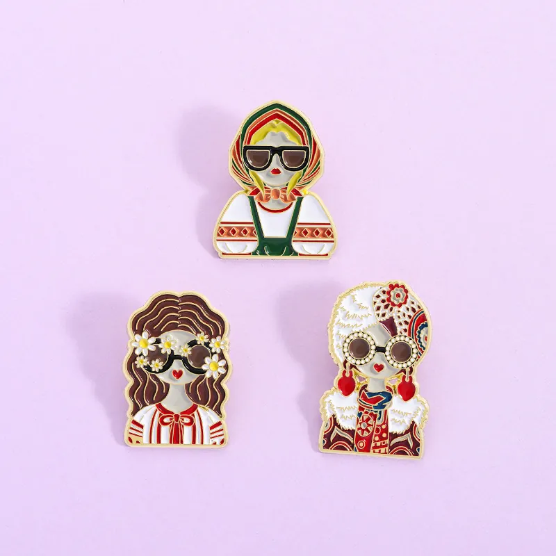 Fashion Cartoon Character Enamel Brooch Zinc Alloy Ethnic Style Girls Figure Sunglasses Badge For Clothing Bag Accessory