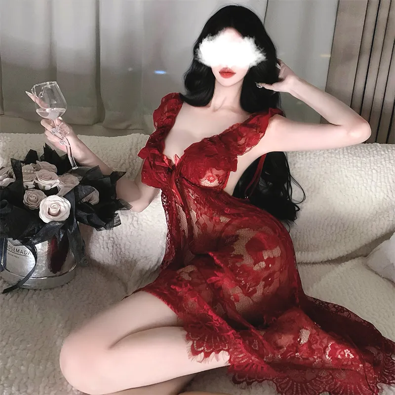 Women Sexy Lace Sheer Lingerie Babydoll V Neck Bowknot Seductive Sleepwear Backless Nightgown For Valentine Day Honeymoon Night