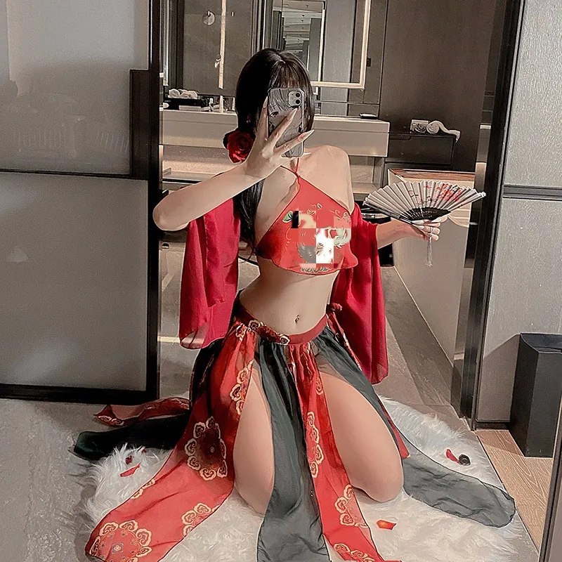 Damen Vintage Chinesischer Stil Sexy Lingerie Rot Hanfu Stickerei Chiffon Dudou Top Und Hoch Geschlitzter Rock Schal Nachtwäsche