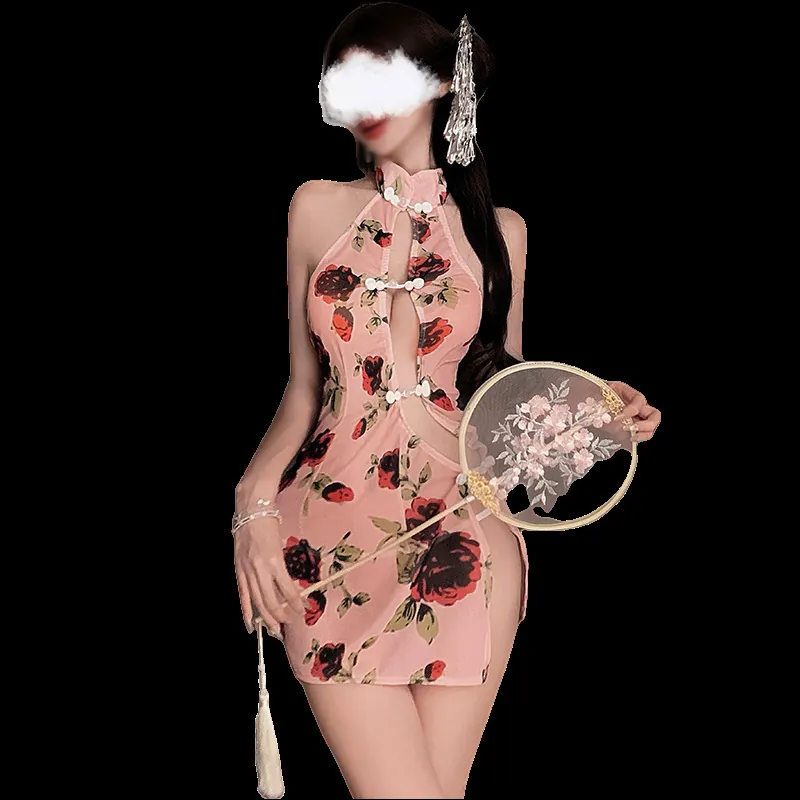 Women Sexy Qipao Lingerie Retro Rose Print Halter Neck Hollow Out Mesh Nightwear Side Slit Cheongsam Pajamas Sleepwear Top