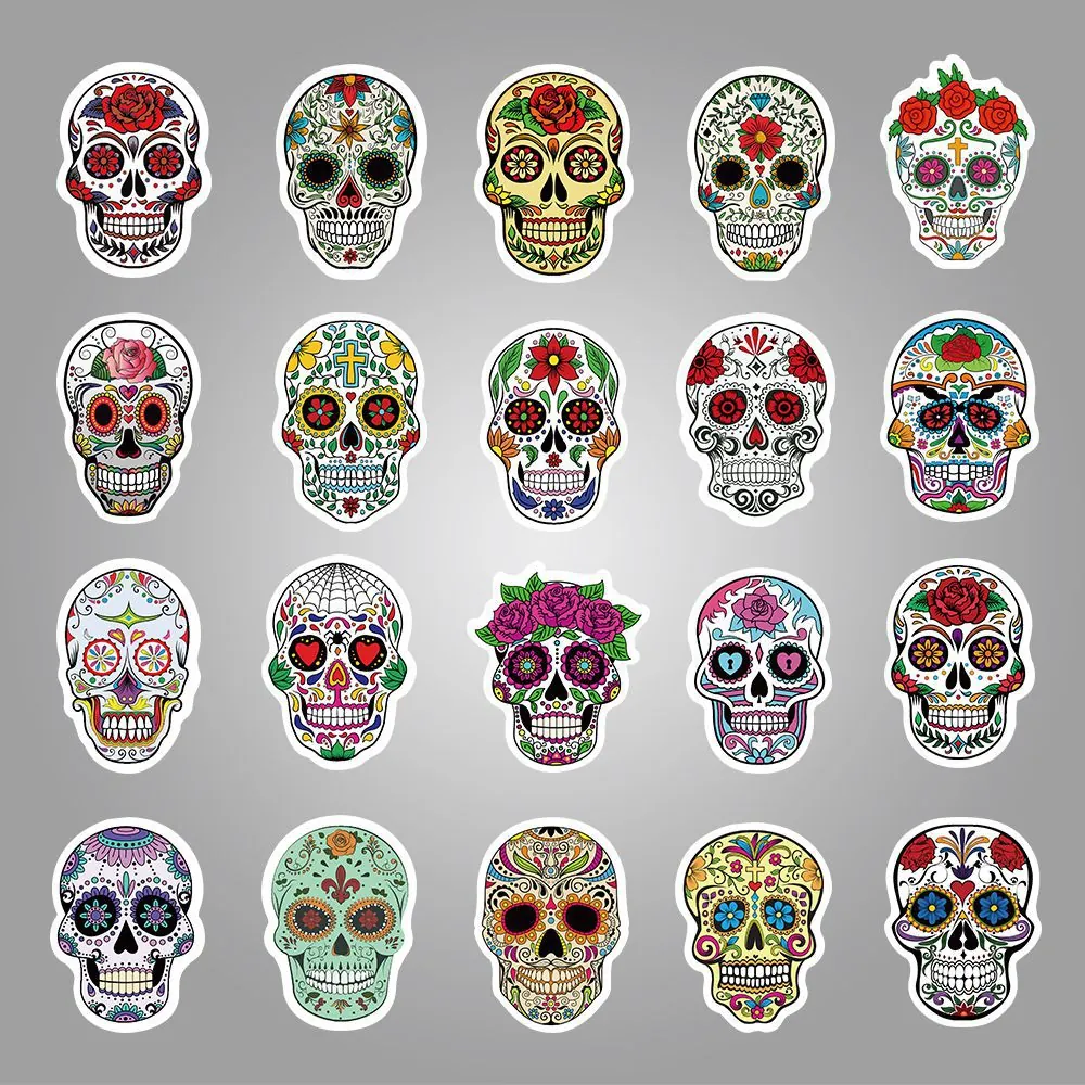 Colorful Horror Sugar Skull Stickers Waterproof PVC Graffiti Decals For Luggage Laptop Car Day Of The Dead Decor