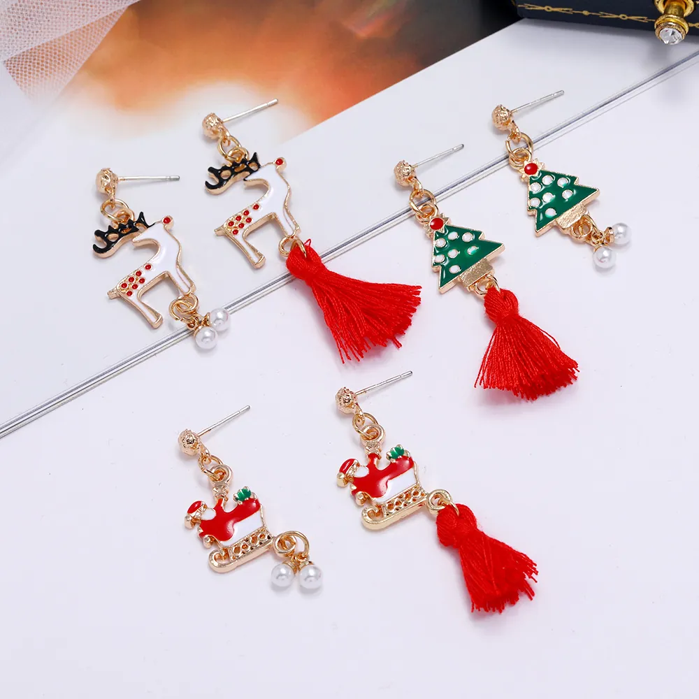 Pendientes de Navidad para Mujer Aleación Esmalte Reno Papá Noel Árbol Pendientes Asimétricos con Borla y Perla Artificial de Imitación