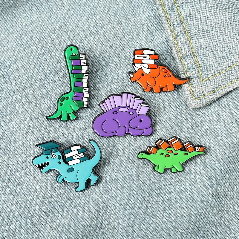 Cute Cartoon Dinosaur Enamel Pin Brooch Zinc Alloy Colorful Reading Book Academic Student Jewelry Gift