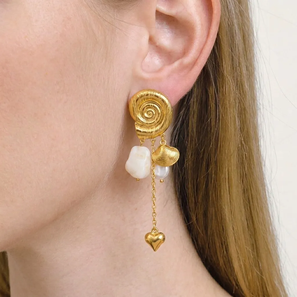 Conch Muschel Hängeohrringe Edelstahl Künstliche Barockperle Herz Quaste Gold Vergoldet Für Damen Lässige Mode