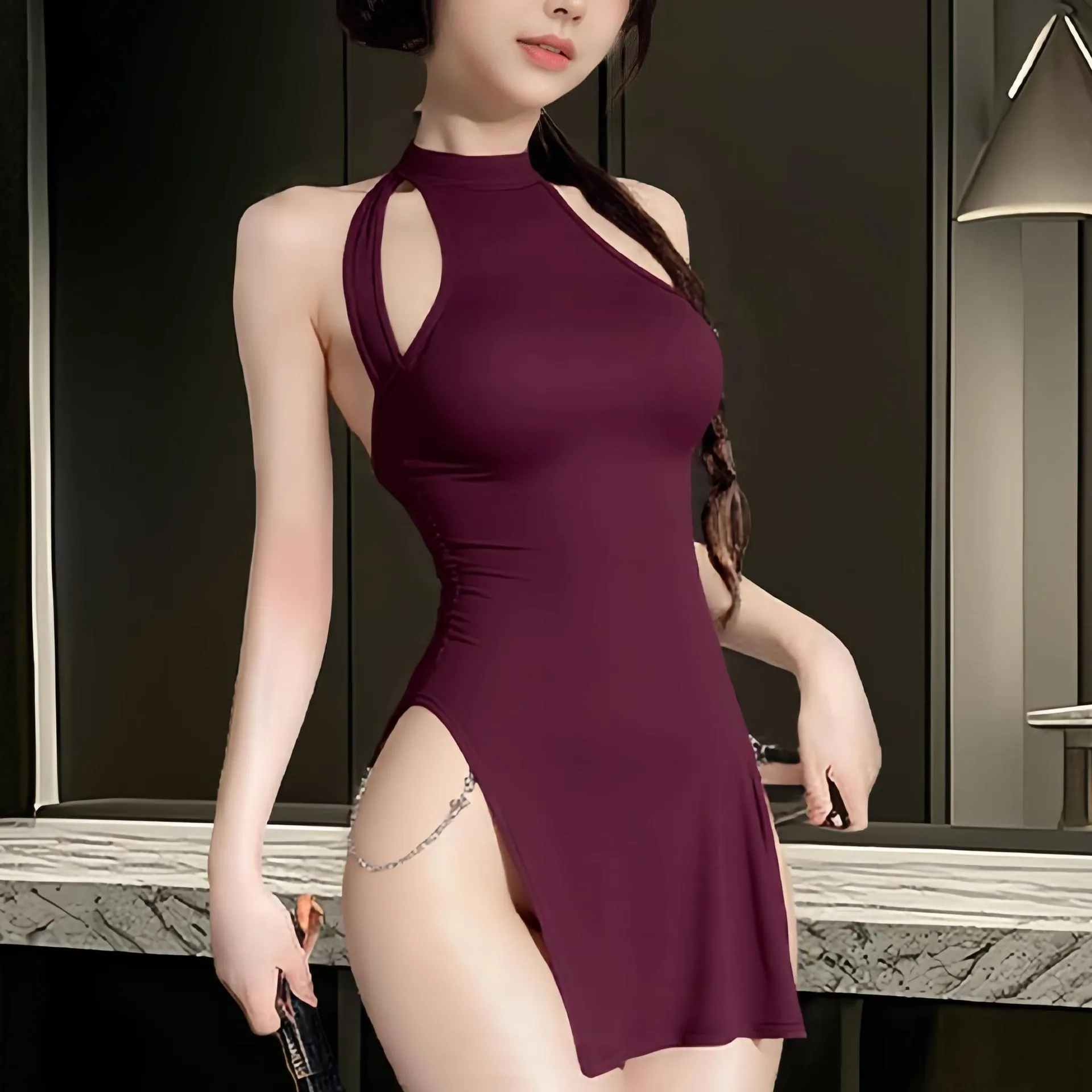 Sexy Halter Backless Hollow Out Mini Dress With Chain Decoration High Slit Lingerie Nightdress For Women Top And Bottom