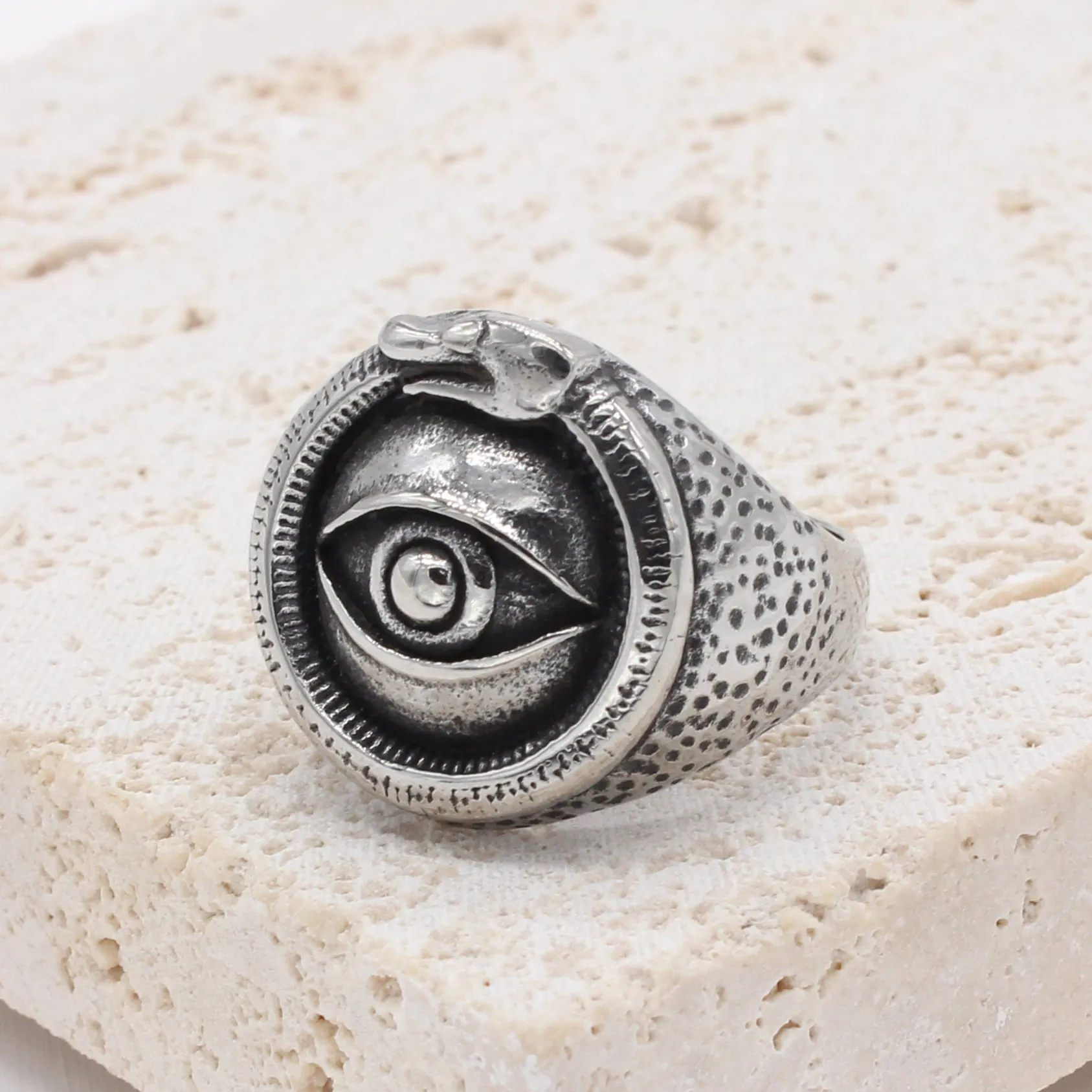 Vintage Titanium Steel Ring For Men Egyptian Pharaoh All Seeing Eye Ouroboros Snake Hammered Pattern Gothic Punk Jewelry