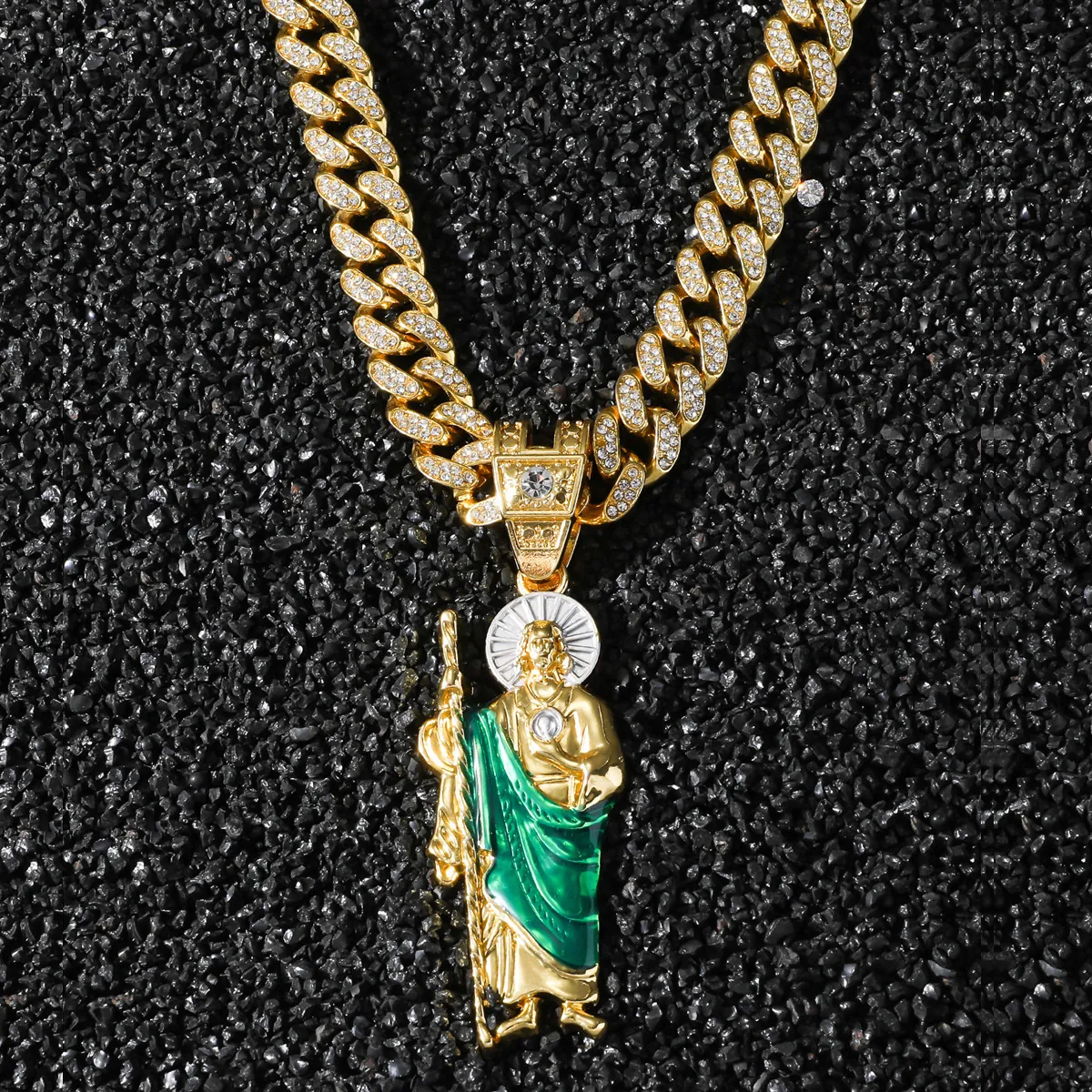 Hip Hop Iced Out Saint Jude Pendant Necklace Men Zinc Alloy Gold Plated Rhinestone Enamel Character Cuban Link Chain