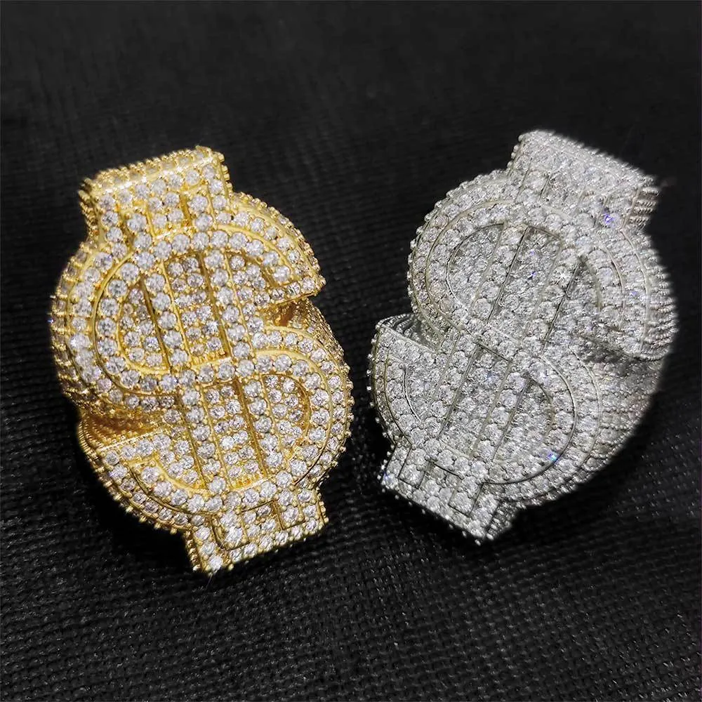 Dollar Sign Ring Hip Hop Copper Cubic Zirconia Pavé Set Iced Out Statement Gold Silver Color Men Street Jewelry