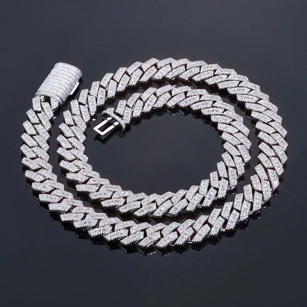 Hip Hop Iced Out Baguette Zirconia Rhombus Cuban Link Necklace For Men Luxury Copper Pave Jewelry 14mm Width Gift Accessory