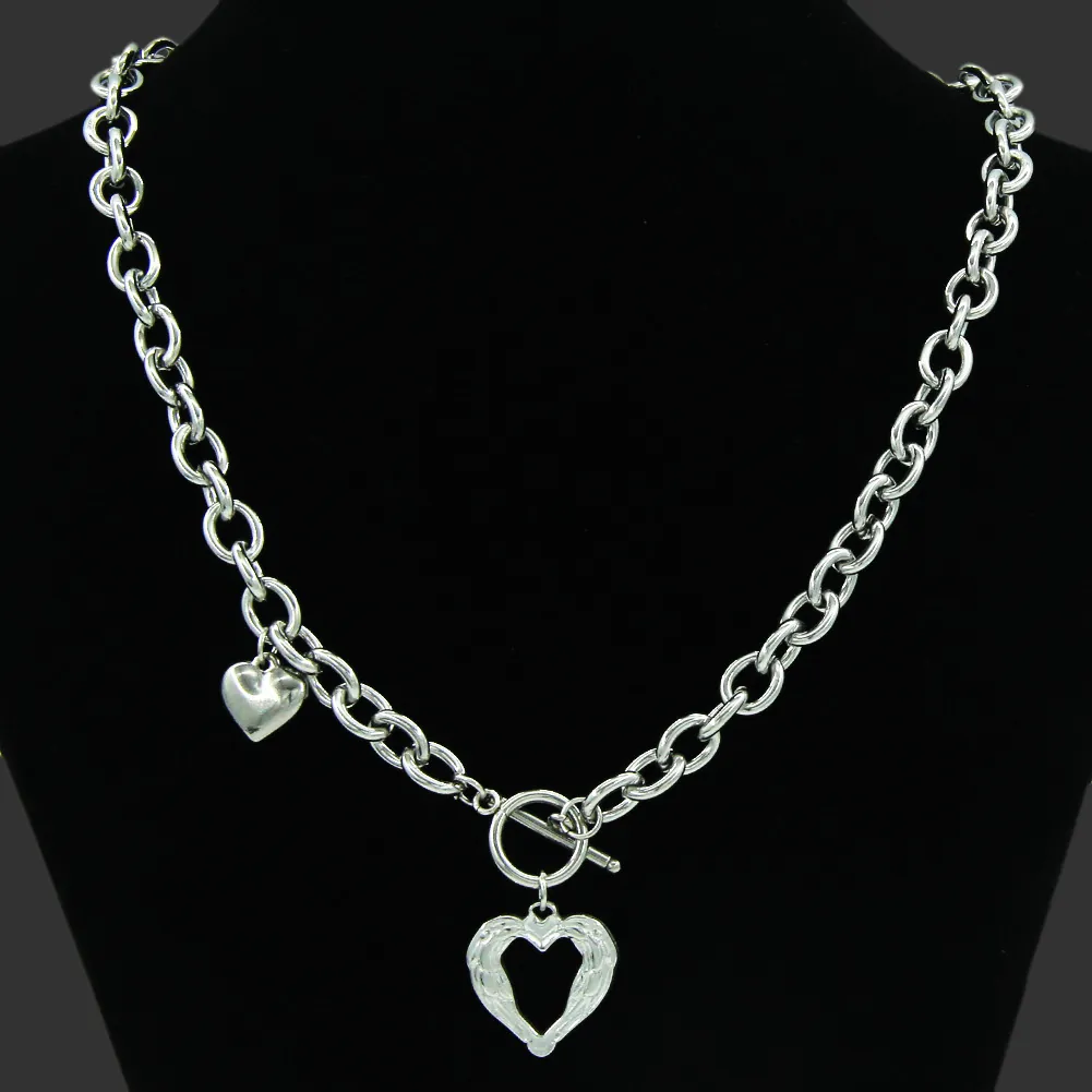 Punk Edelstahl Doppel Herz Anhänger Halskette Für Damen Knebelverschluss Silber Schwere Kette Choker Mode Schmuck Geschenk
