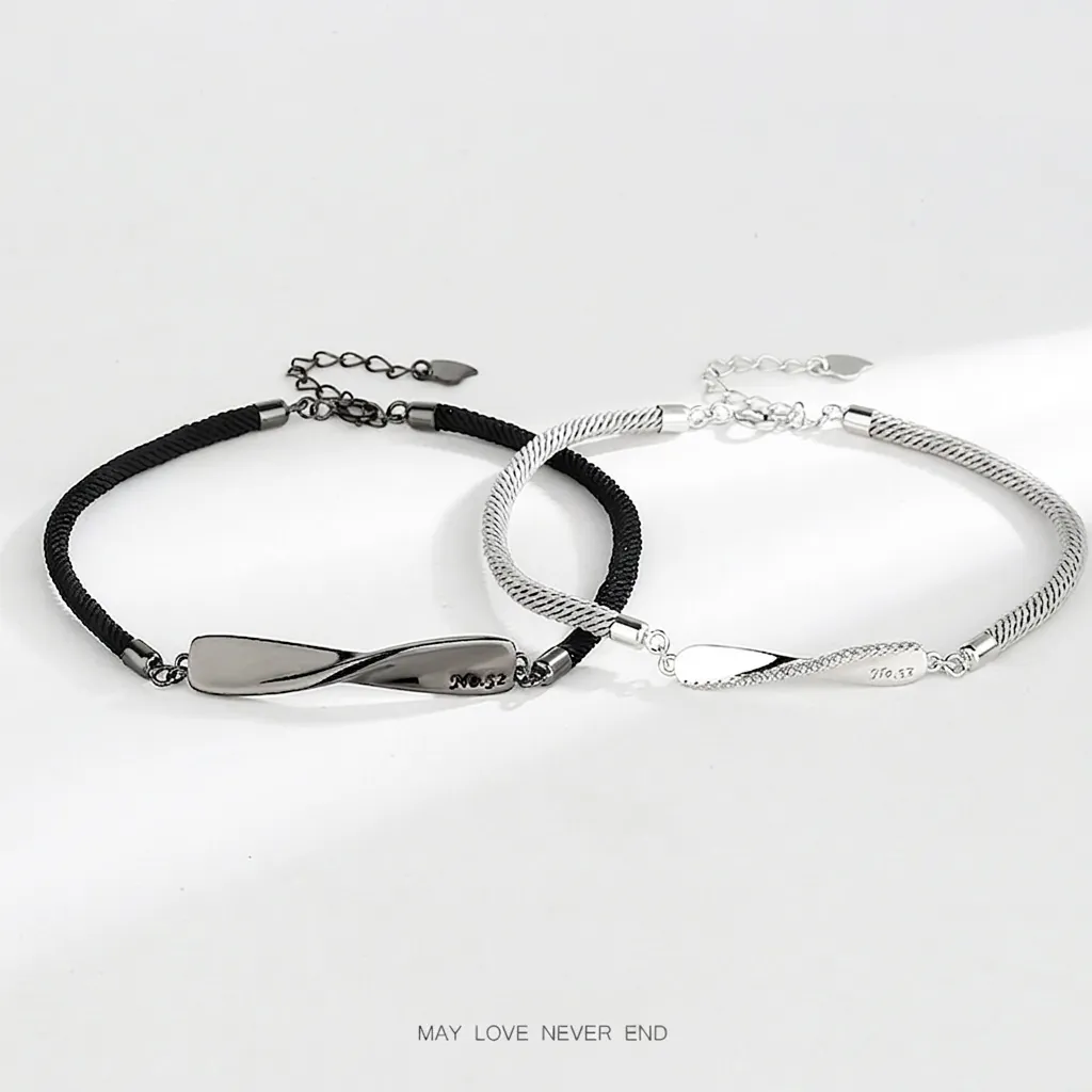 S925 Sterling Silver Mobius Loop Couple Bracelets Engraved No.52 Braided Rope Rhinestone Infinity Jewelry Valentine's Day Gift