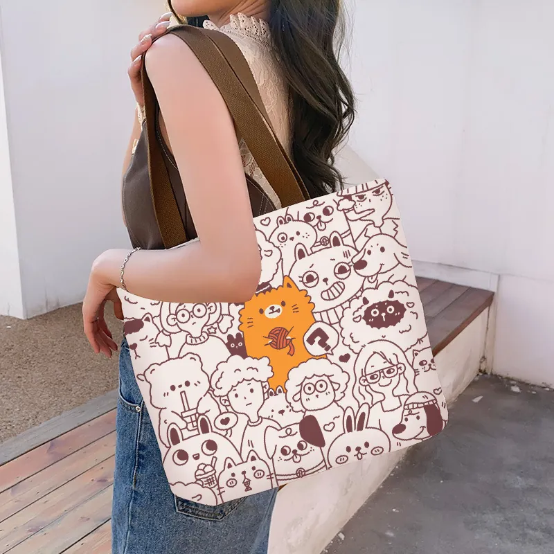 Sac Cabas en Toile Femmes Grande Capacité Sac à Bandoulière Casual Mignon Imprimé Cartoon Sac à Main Sac d'École Étudiant