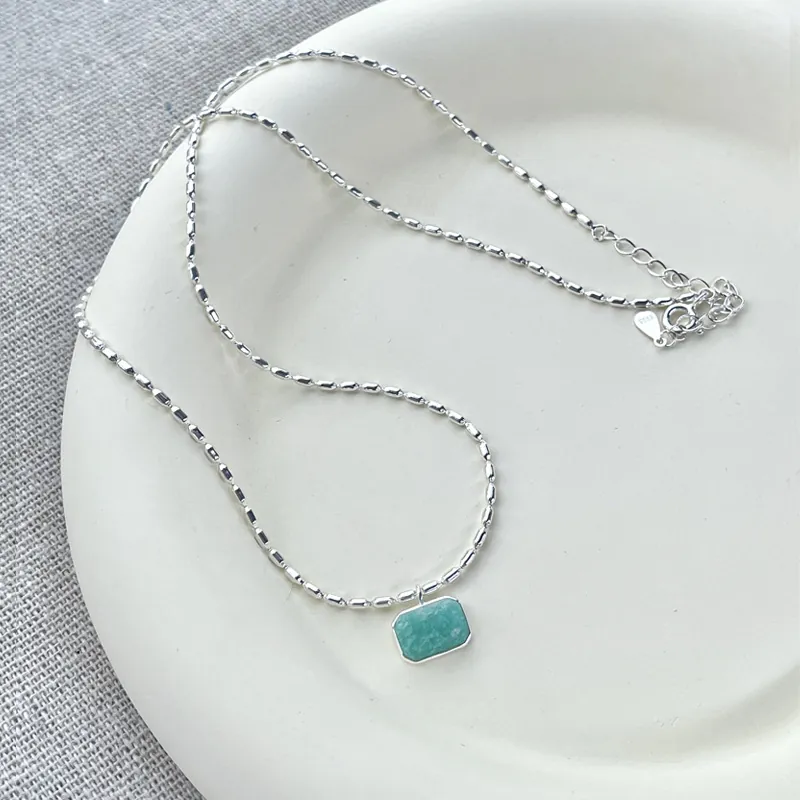 925 Sterling Silver Amazonite Necklace For Women Light Luxury Rectangular Green Stone Pendant Ball Chain Jewelry