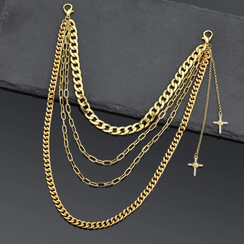 Women Punk Hip Hop Multilayer Alloy Rhinestone Cross Pendant Waist Chain Body Jewelry Gold Silver Fashion Party Accessory
