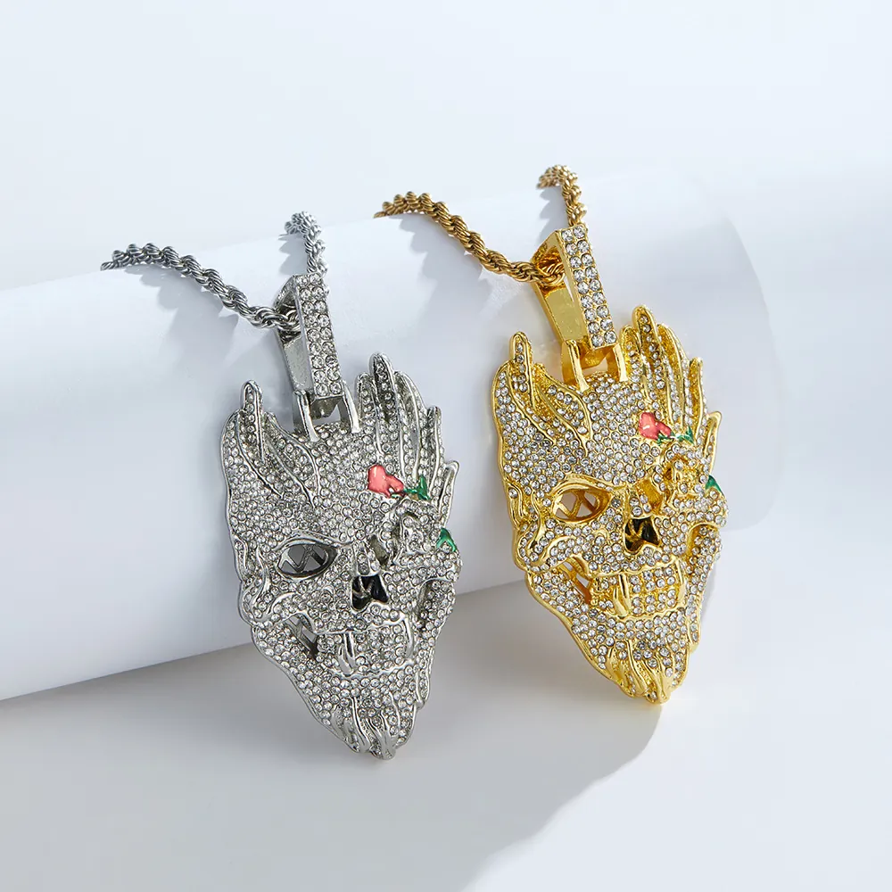 Hip Hop Iced Out Skull Pendant Necklace With Rose Detail Rhinestone Alloy Gothic Punk Jewelry For Men 24 Inch Rope Chain