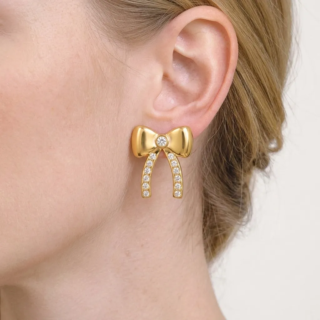 Orecchini A Fiocco Acciaio Inossidabile Placcato Oro 18K Strass Impermeabile Ipoallergenico Gioielli Moda Per Donne