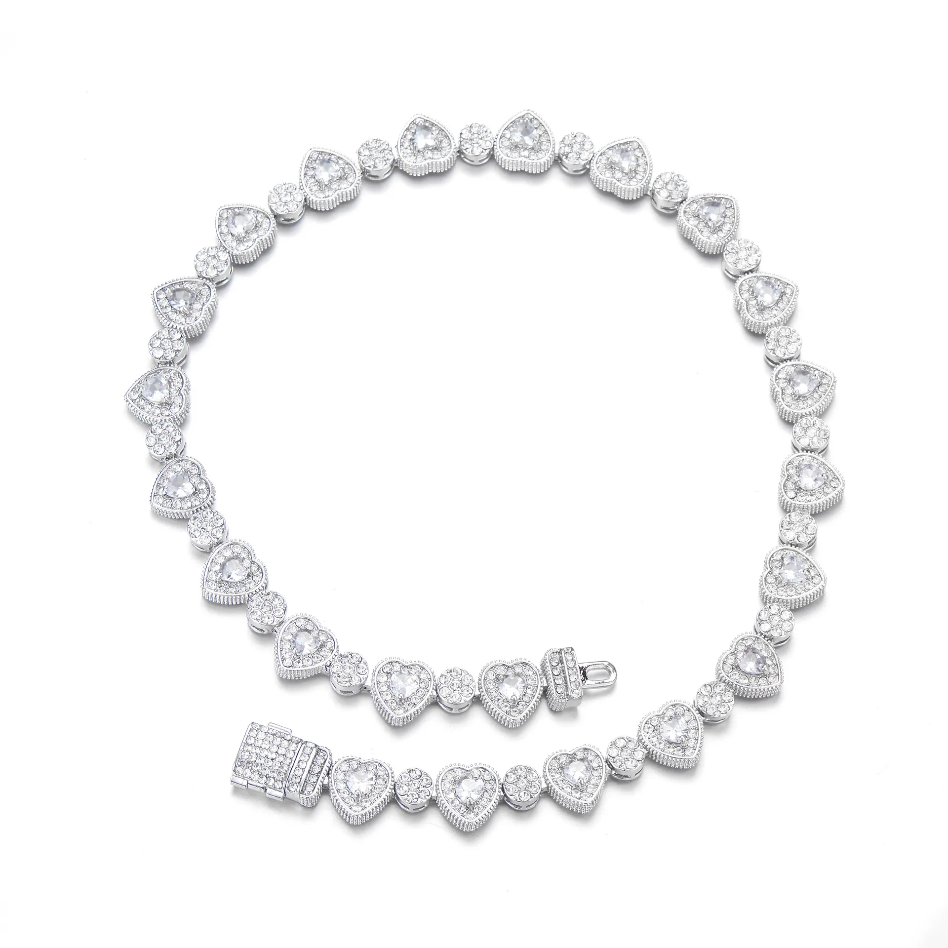 Collier Bracelet Hip Hop Iced Out Cœur Zircon Géométrique Chaîne Cubaine Hommes Femmes Alliage Bijoux Streetwear Accessoires Fête