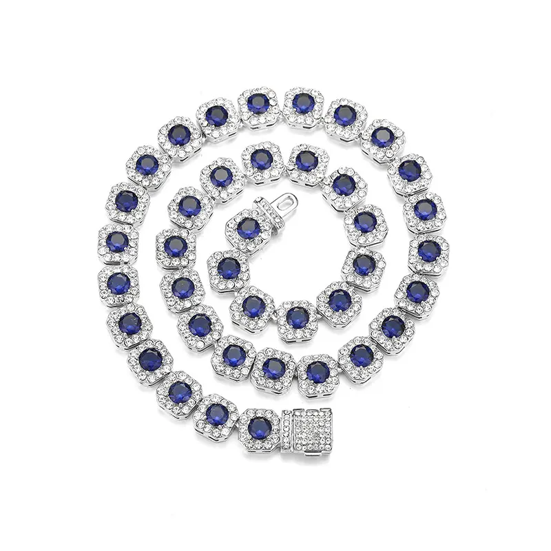 Hip Hop Iced Out Cuban Link Chain Necklace Bracelet Set Royal Blue Round Zirconia Zinc Alloy Rhinestone Jewelry For Men Women