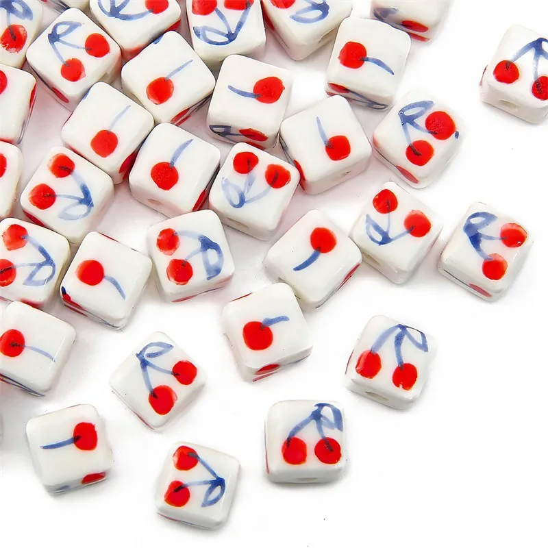 Hand Painted Ceramic Square Beads Cherry Pattern White Cube Loose Spacer Beads For DIY Jewelry Making Bracelets Necklaces Accessories
