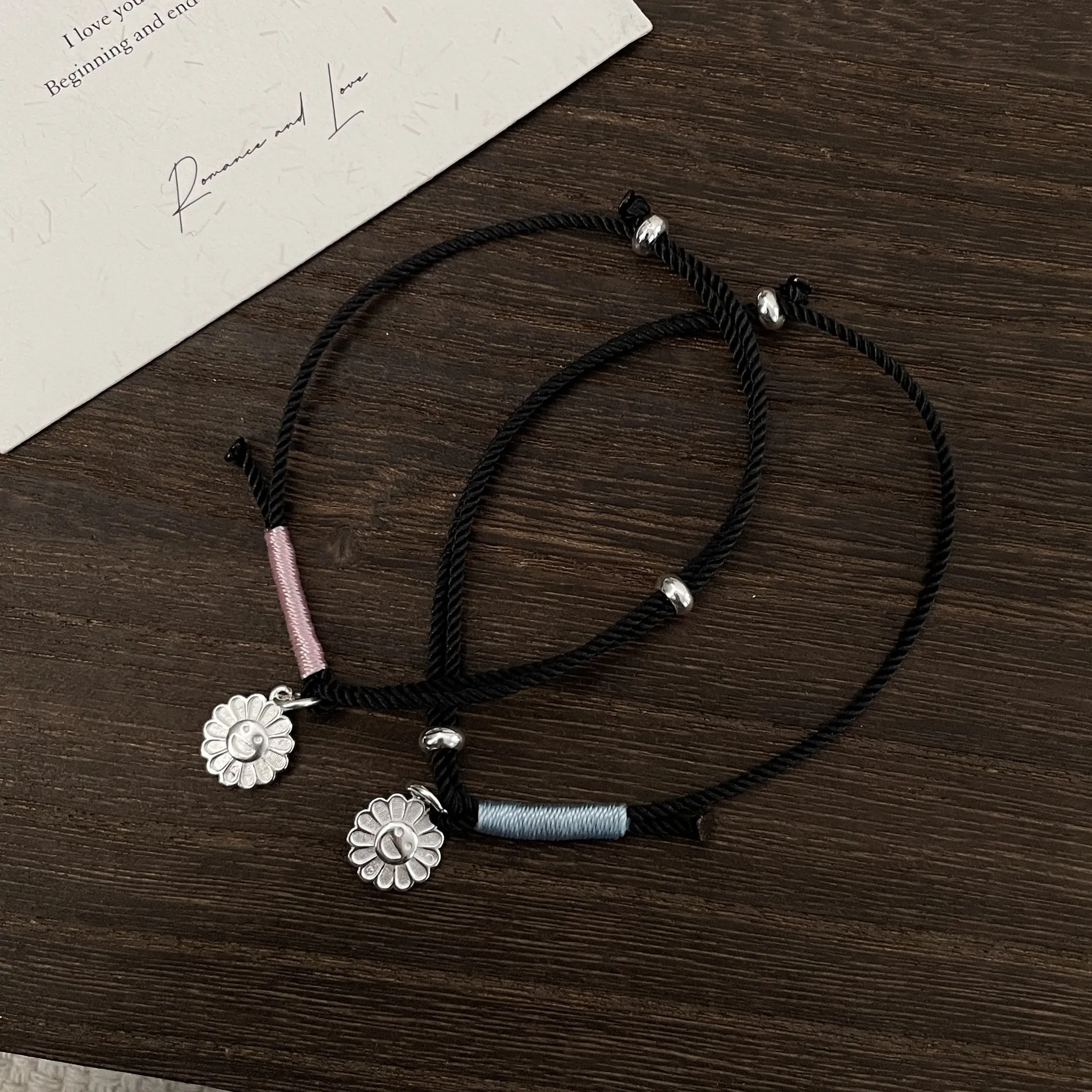 925 Sterling Silver Smiley Face Sunflower Woven Bracelet For Women Vintage New Chinese Style Adjustable Hand Rope Jewelry