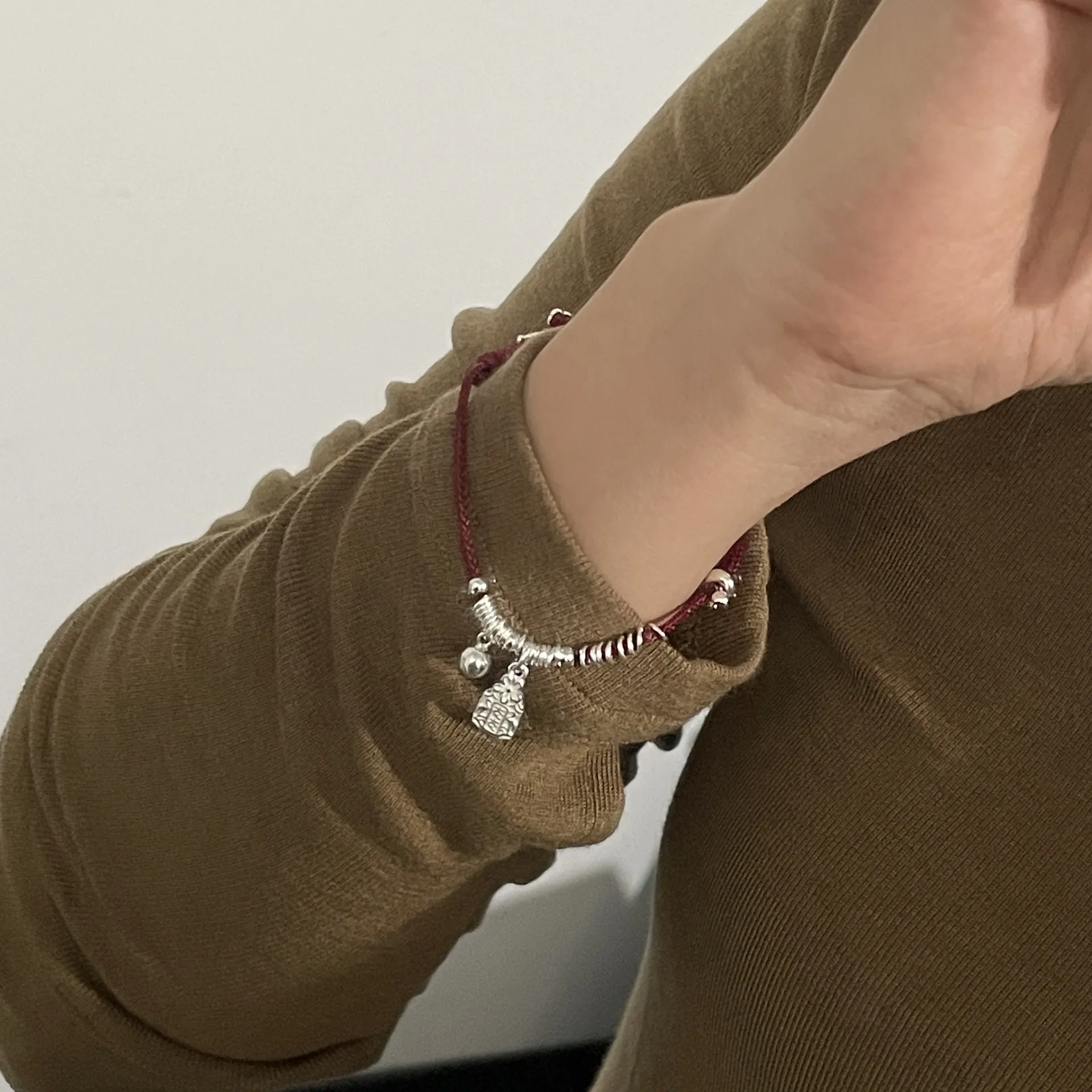 925 Sterling Silver Hand Woven Bracelet Red Black Cord Peace Joy Ruyi Bell Charm Ethnic New Chinese Jewelry For Women Men