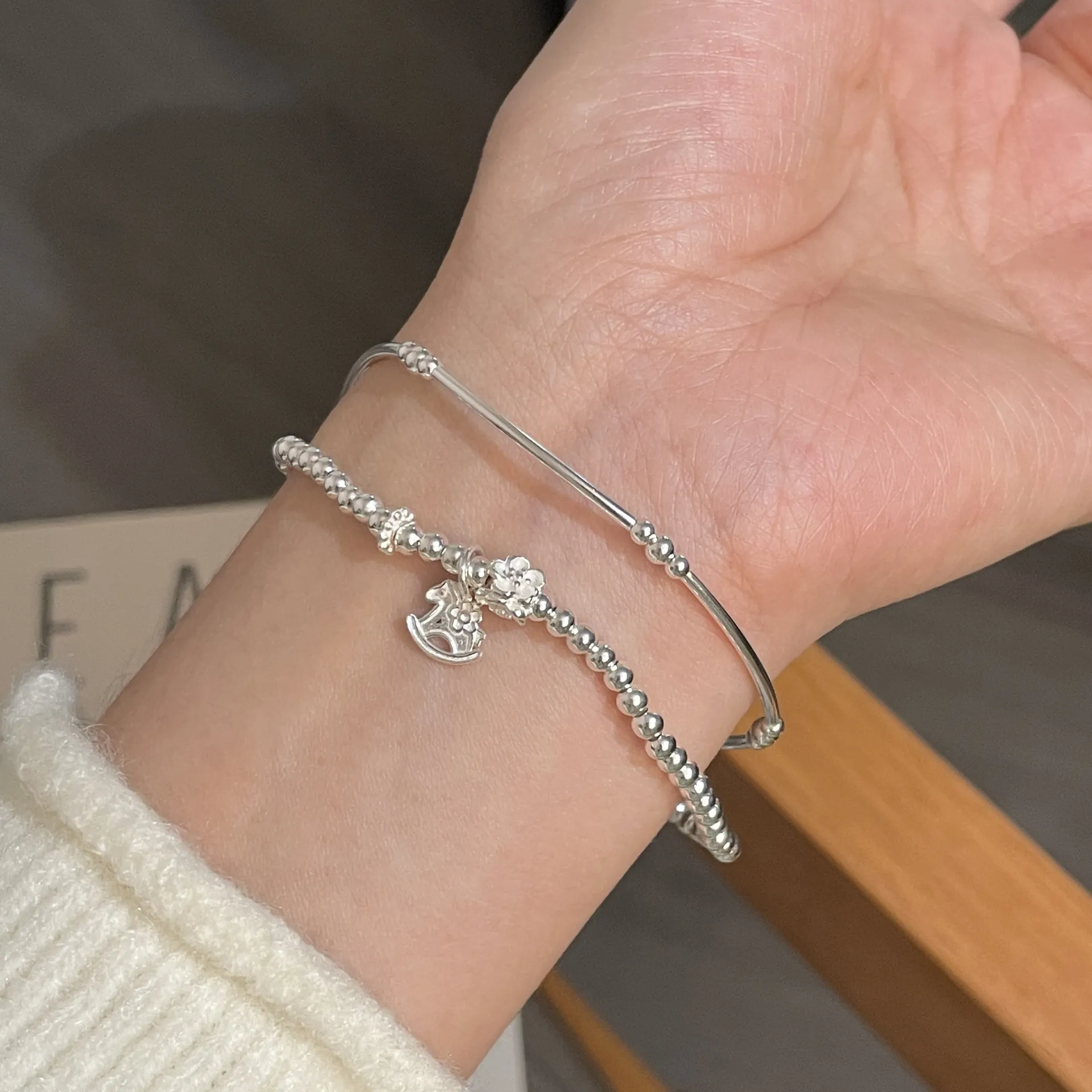 S925 Sterling Silver Double Layer Beaded Bracelet With Rocking Horse And Hollow Flower Pendant Minimalist Jewelry For Women