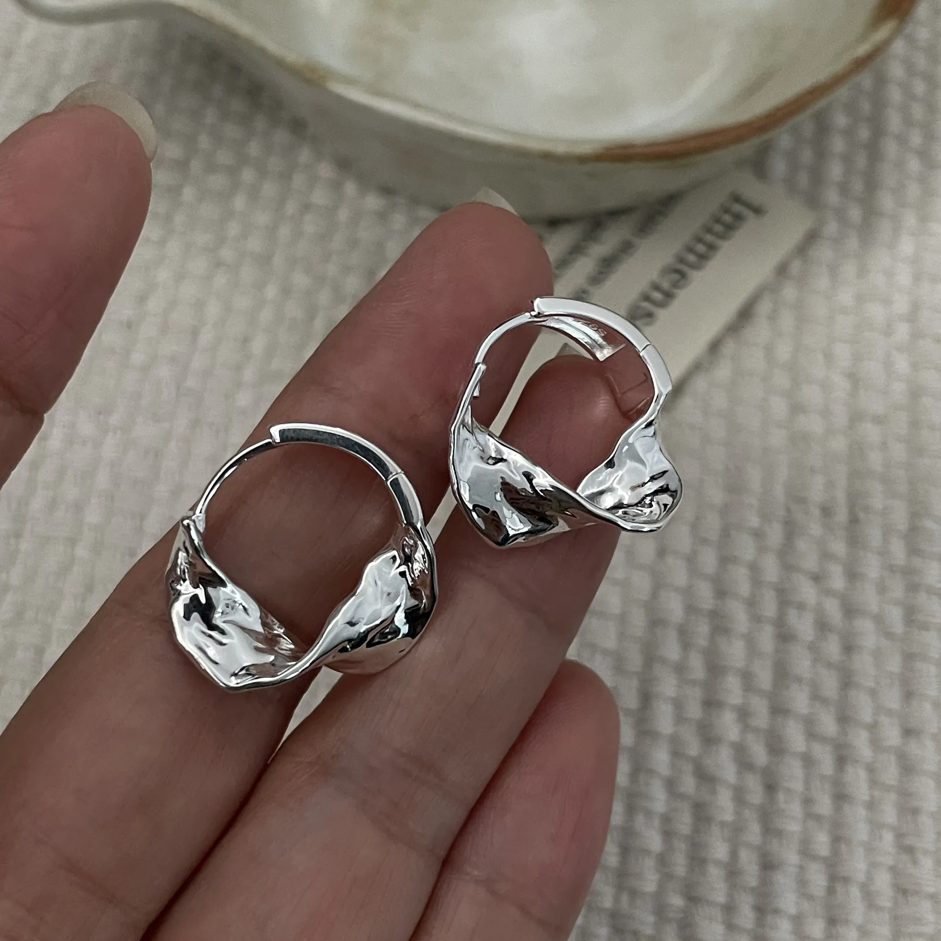Irregular Lava Texture Earrings S925 Sterling Silver Wrinkled Hoop Earrings Minimalist Metal Liquid Style Jewelry For Women