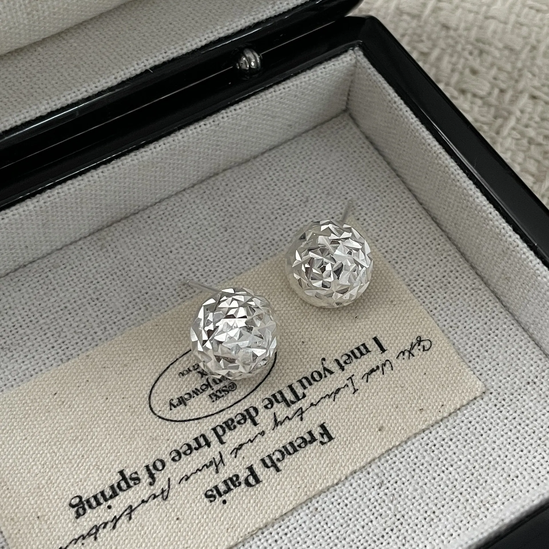 S925 Sterling Silver Faceted Hemispherical Stud Earrings For Women Korean Minimalist Sparkling Geometric Silver Ear Studs