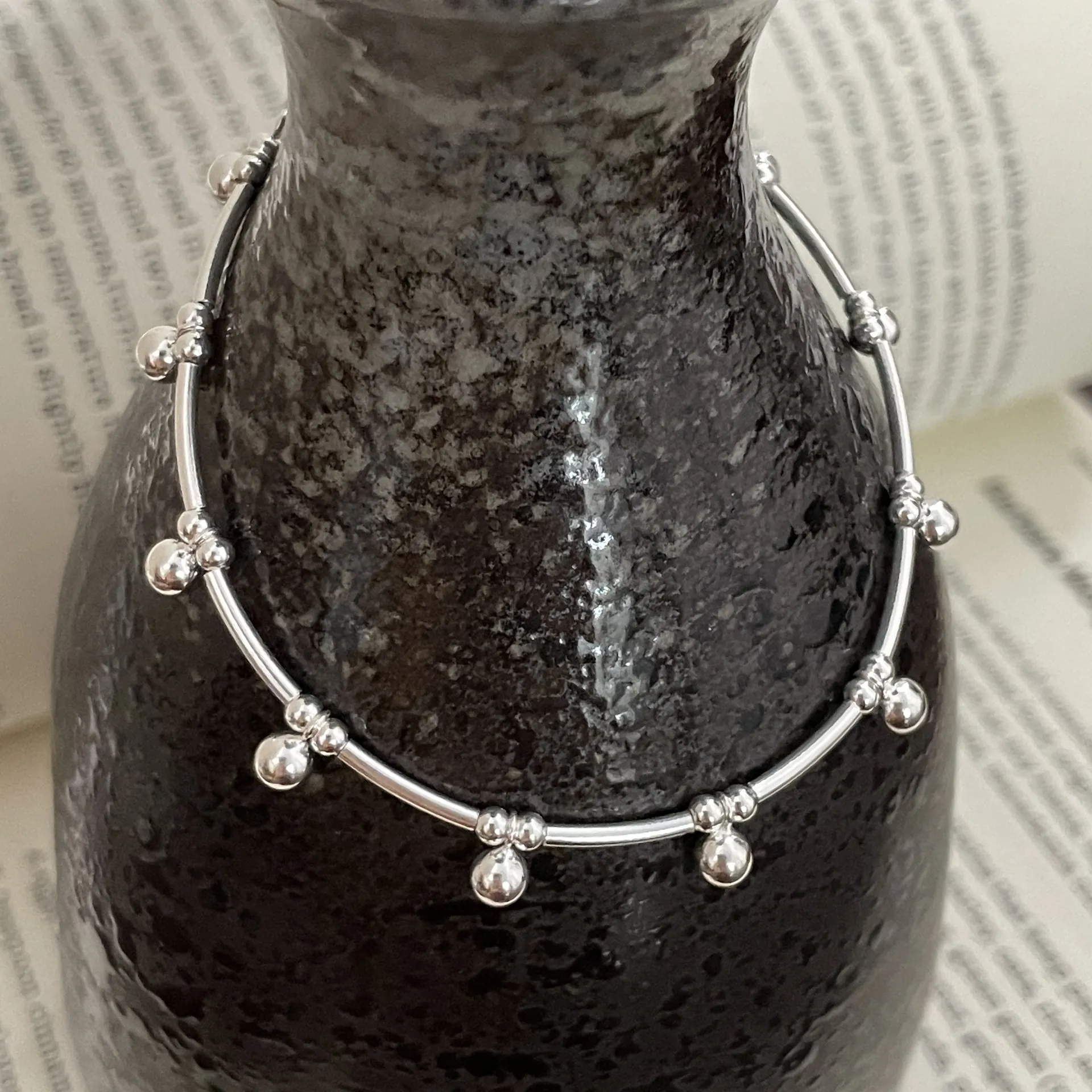 925 Sterling Silver Beaded Bracelet For Women Minimalist Geometric Thin Tube Round Beads Bracelet With Heart Charm