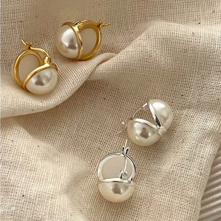 925 Sterling Silver Artificial Pearl Ear Buckle Hoop Earrings Elegant Large Artificial Pearl Minimalist Jewelry Luxury Gift For Women