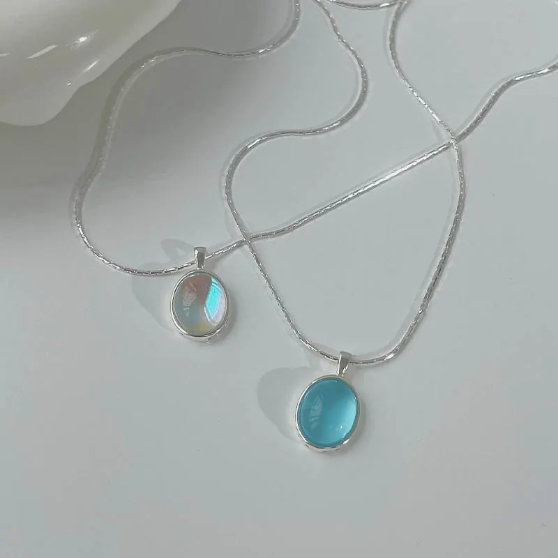 925 Sterling Silver Pendant Necklace For Women Synthetic Moonstone Aquamarine Oval Gemstone Minimalist Snake Chain Jewelry Gift