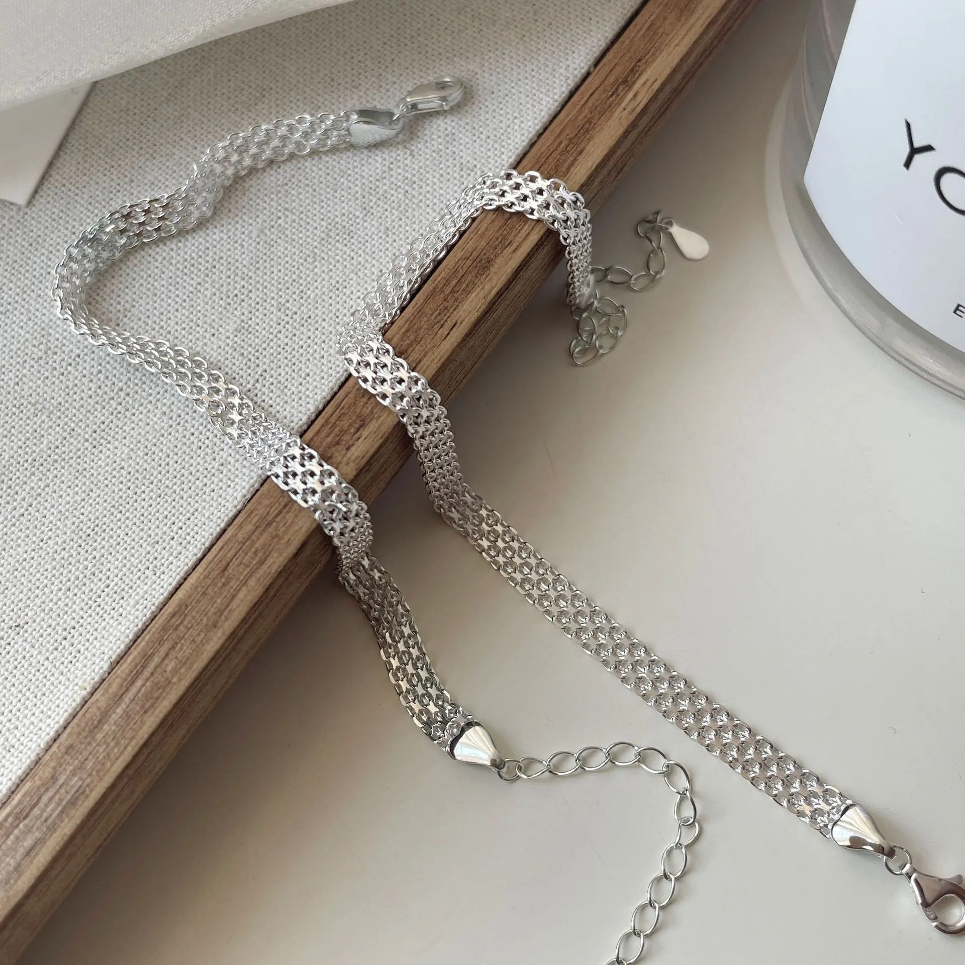 Bracelet en Maille en Argent Sterling 925 pour Femmes Chaîne Tissée Scintillante Réglable Style Coréen Bijoux Minimalistes
