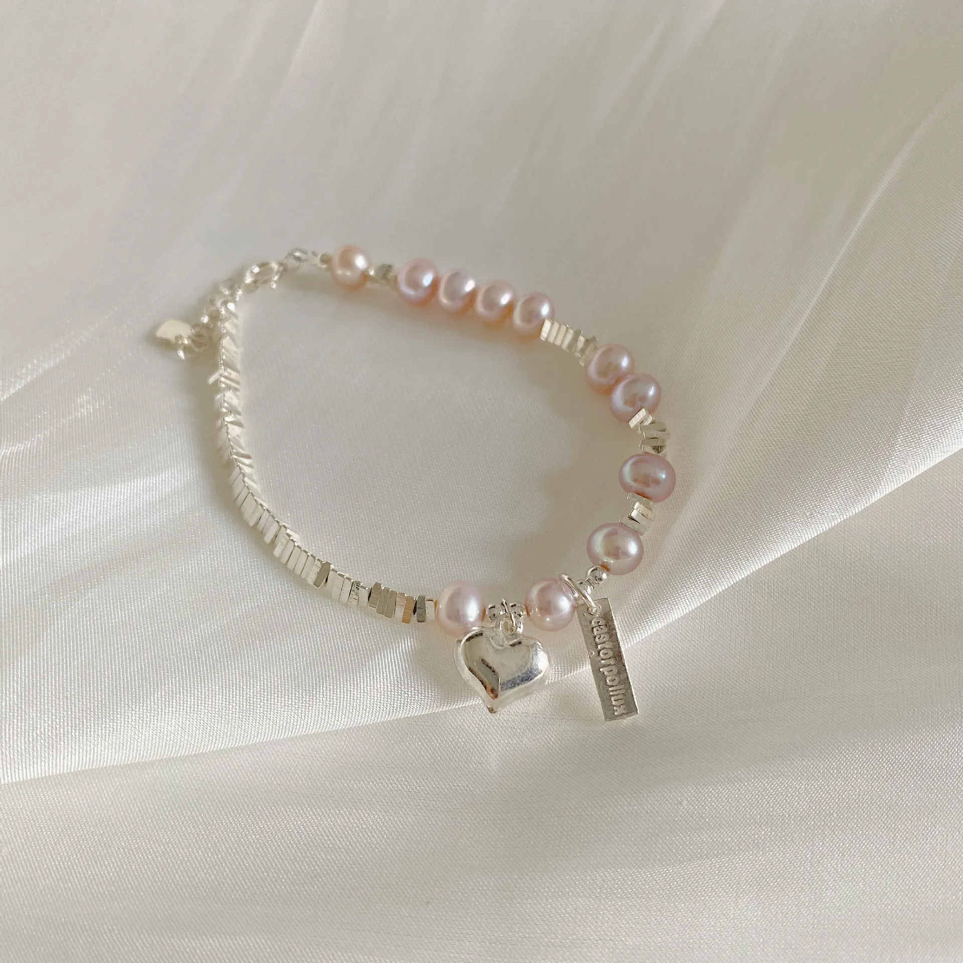 Bracelet en Argent Sterling 925 avec Perles d'Eau Douce et Pendentif Cœur pour Femme Style Coréen Minimaliste Bijou Élégant