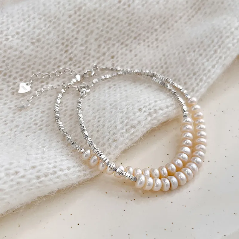 925 Sterling Silver Freshwater Pearl Bracelet For Women Irregular Textured Silver Beads Minimalist Geometric Jewelry Gift