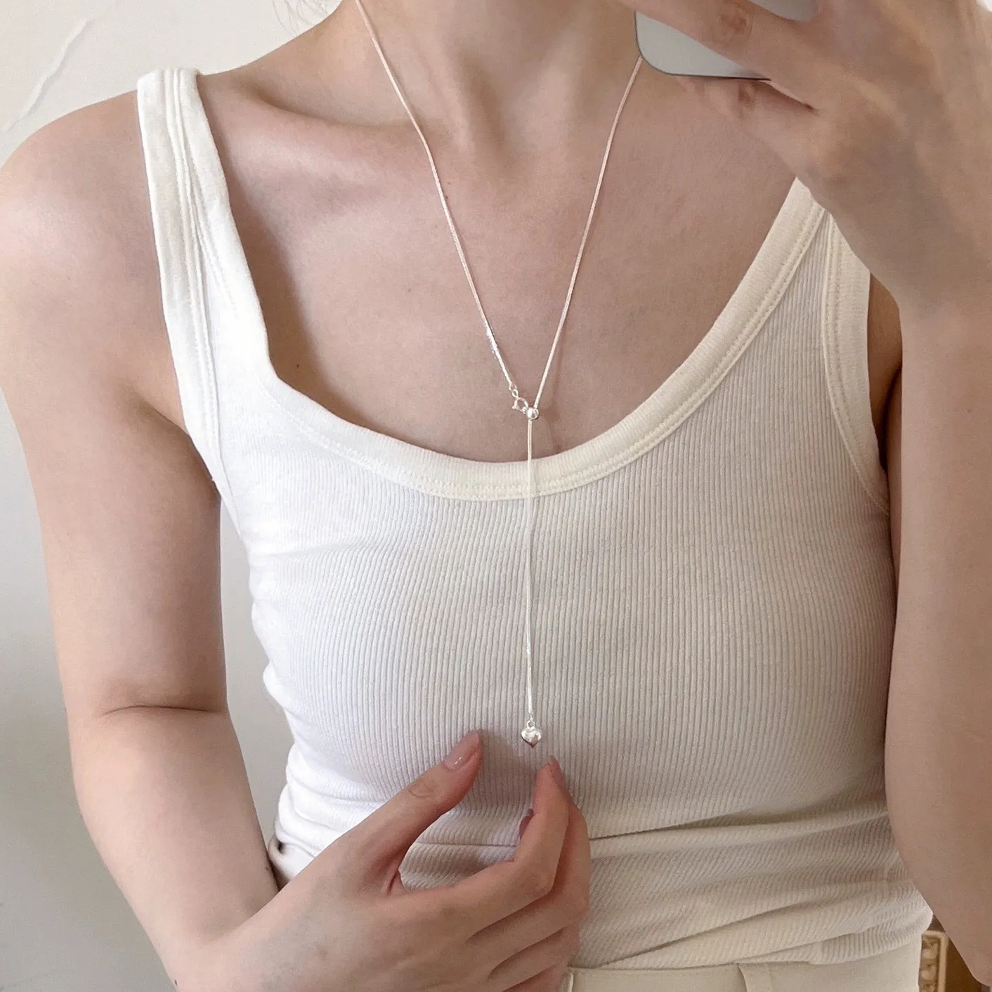 S925 Sterling Silver Heart Pendant Necklace For Women Adjustable Sliding Bead Minimalist Chain Elegant Fashion Jewelry Gift