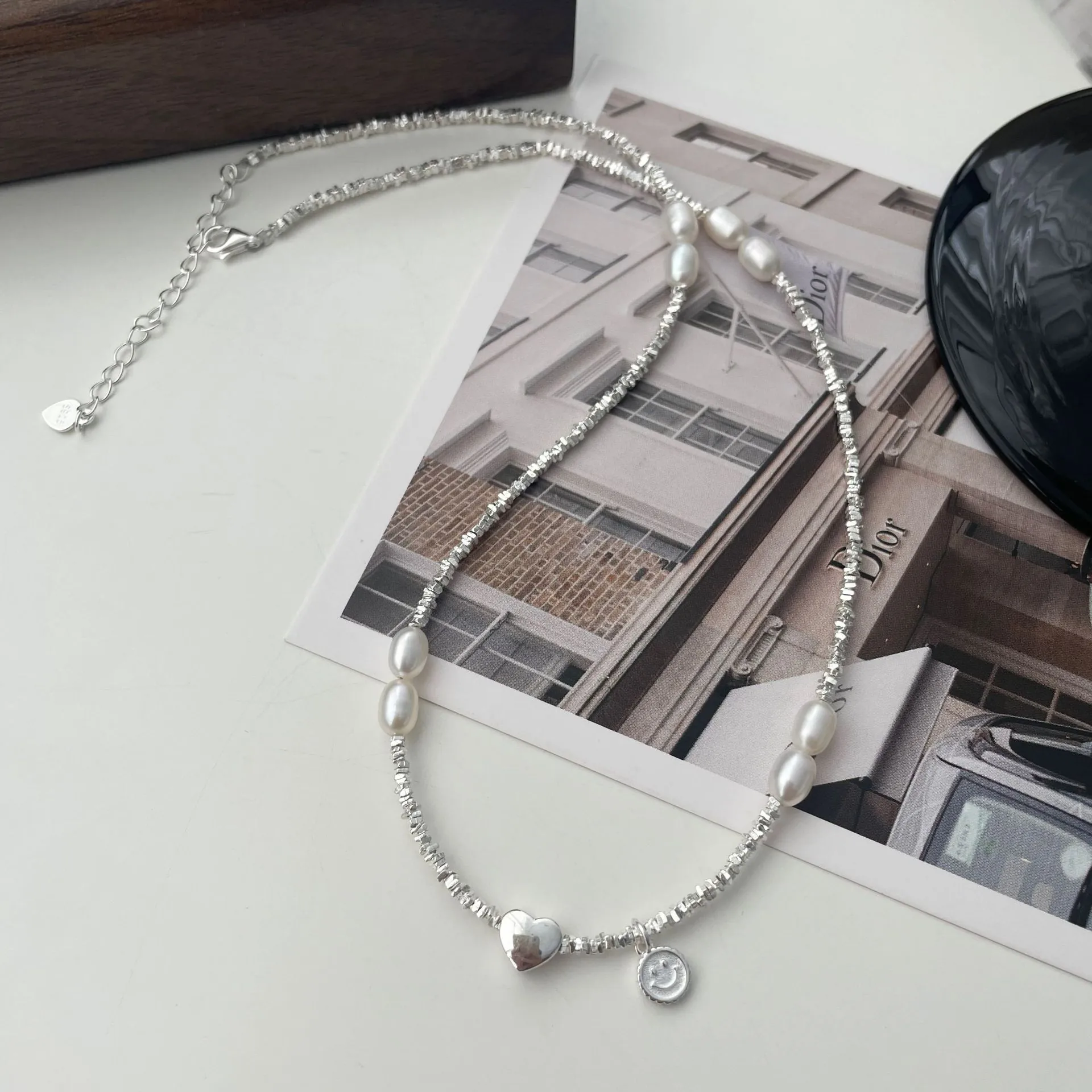 Collana con Ciondolo a Cuore e Sorriso in Argento Sterling S925 e Künstliche Perle Barocche Stile Minimalista Francese per Donna