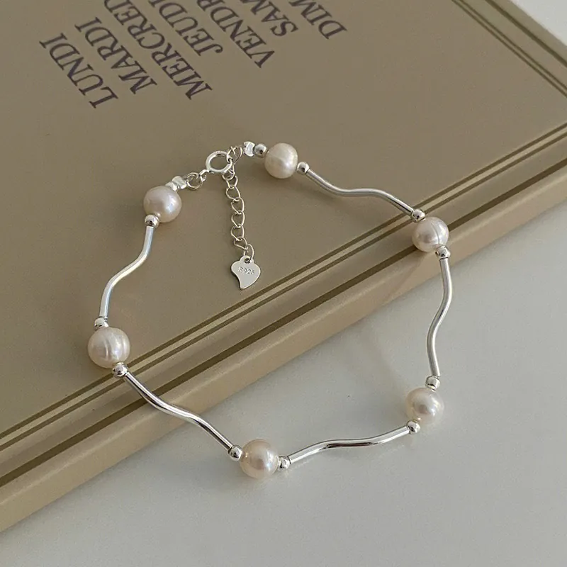 925 Sterling Silver Natural Freshwater Pearl Wave Line Bracelet For Women Minimalist Elegant Adjustable French Handmade Jewelry