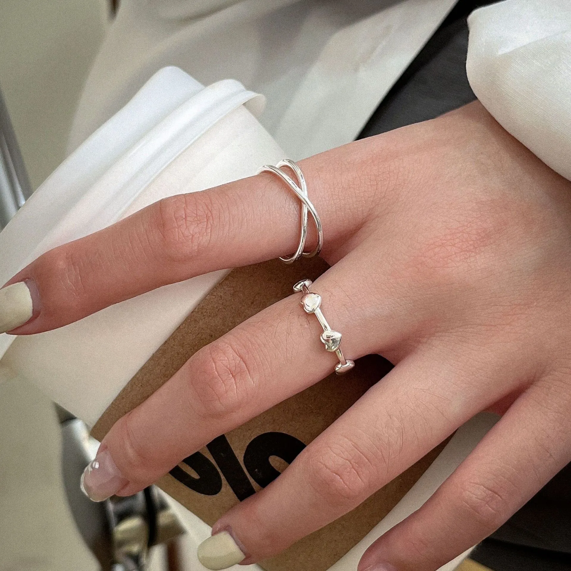 S925 Sterlingsilber Verstellbare Ringe Für Damen Minimalistisch Offener Fingerring Herzform Verflochtene Kreuzlinie Täglicher Schmuck