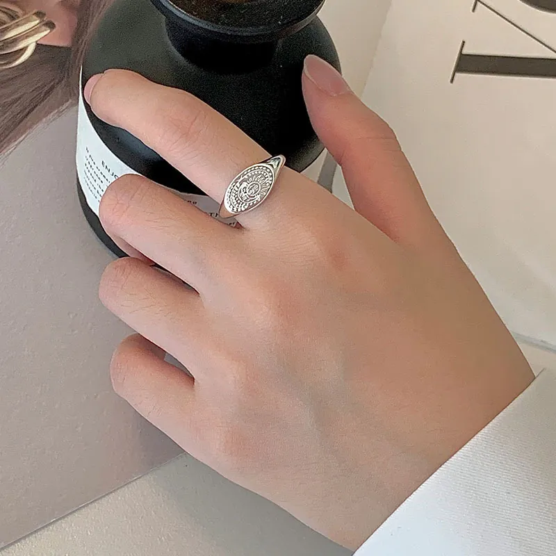 Bague Ouverte en Argent Sterling 925 Rétro Soleil Lune Étoiles Femme Réglable Minimaliste Relief Céleste Bijoux Cadeau