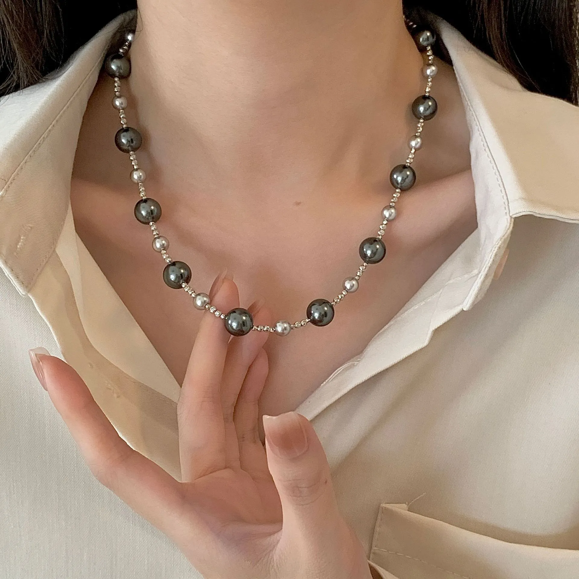 Light Luxury 925 Sterling Silver Heart Pendant Necklace Imitation Tahiti Artificial Pearl Gradient Grey Handmade Women Jewelry