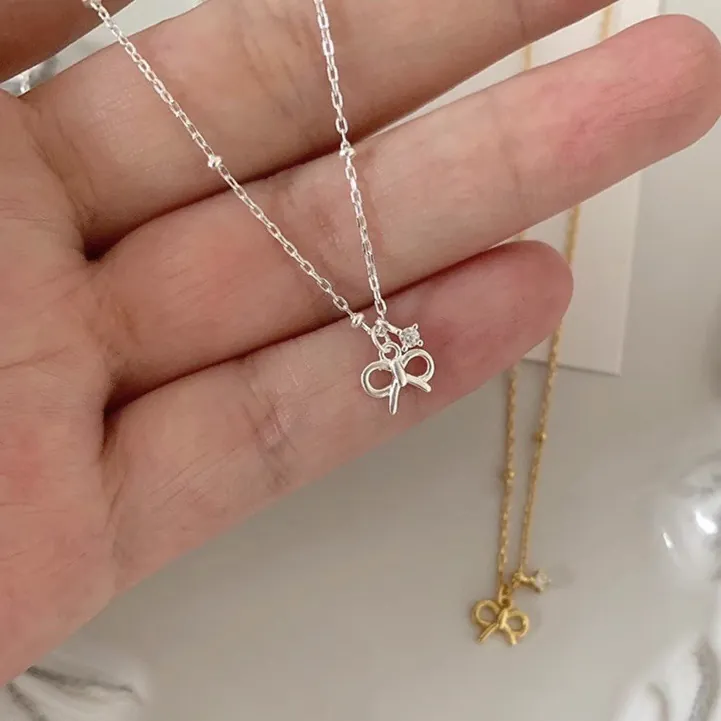 925 Sterling Silver Bowknot Zirconia Pendant Necklace For Women 18K Gold Plated Elegant Small Jewelry Delicate Clavicle Chain Gift