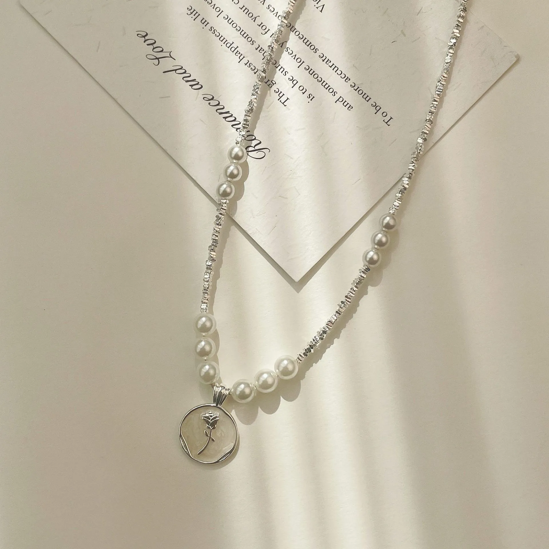 925 Sterling Silver Irregular Broken Silver Chain Artificial Pearl Necklace French Vintage Rose Flower Enamel Pendant Clavicle Chain Jewelry For Women